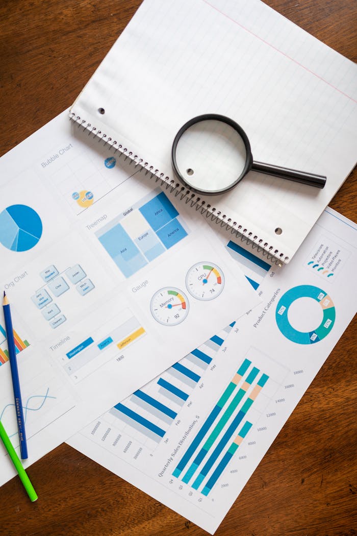 creative A set of financial charts and graphs with a magnifying glass, perfect for business reports.